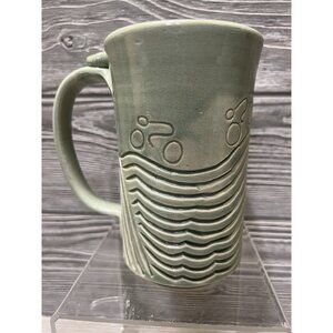Handmade Pottery Cyclist Coffee Mug Cup Artist Signed Liz Ford 5.5”